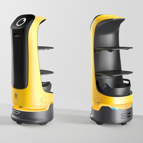 Two yellow and black robots on a gray background